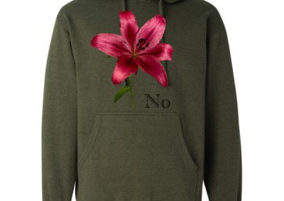 mock of of red flower graphic with No text on an army heather pullover hoodie.